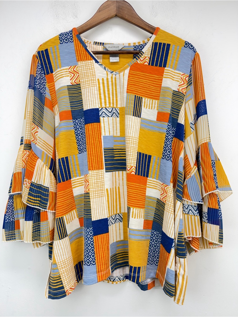 Multiples Geometric Patchwork V-Neck Flutter Sleeve Top in Blue, Yellow & Orange